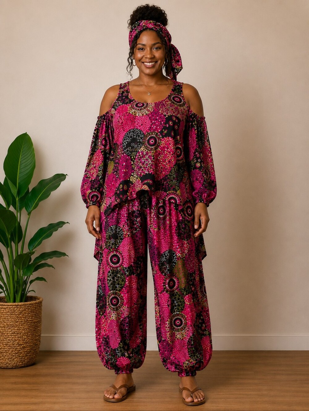 Step In Style NWT Boho 3PC Pant Set Balloon Pants Tunic Head Scarf OS